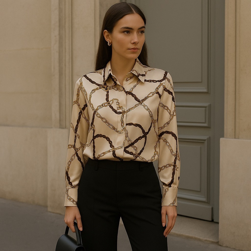 Chain Print Blouse - Cream and Brown
